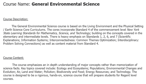 Environmental Science Course Description